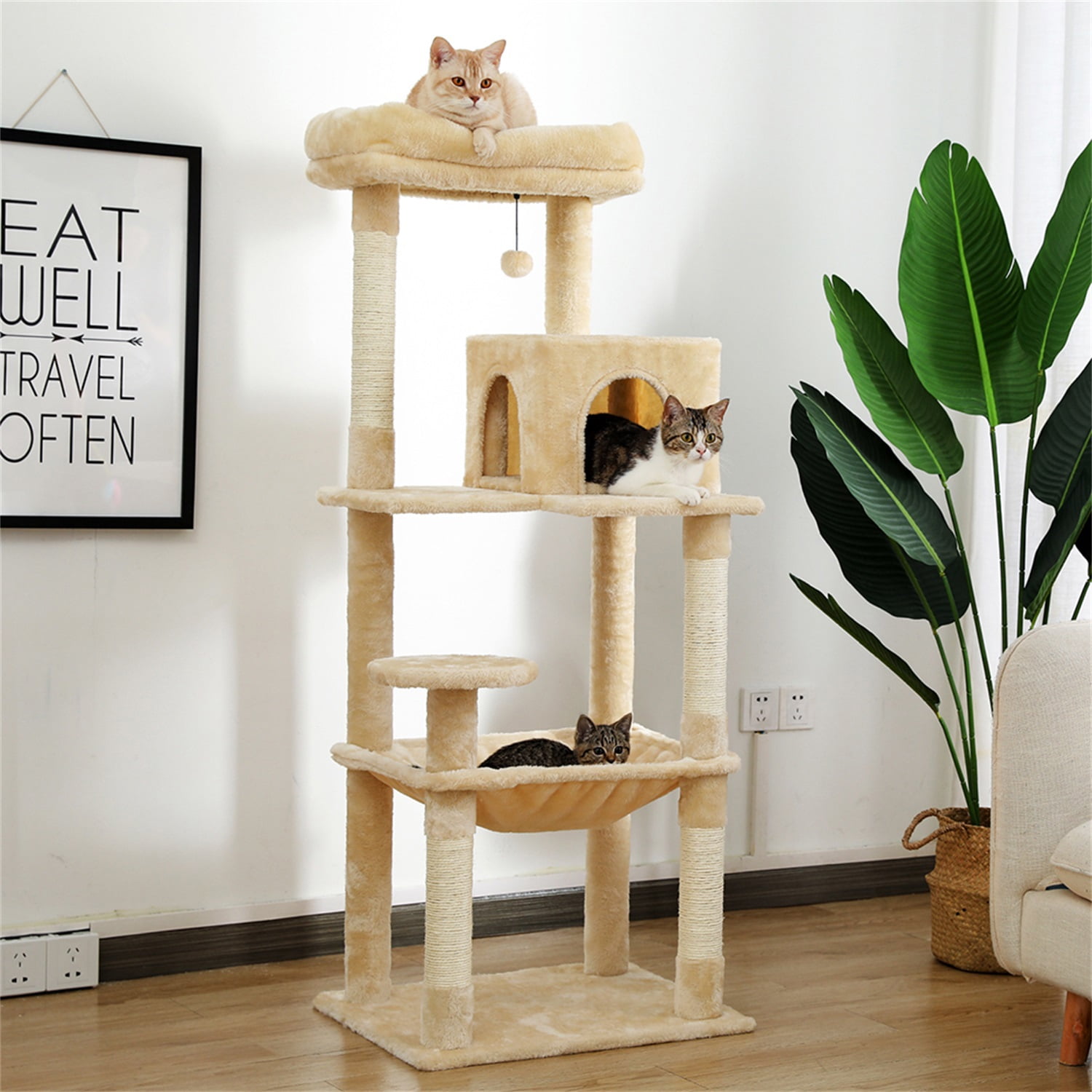 Pefilos Cat Tree Tower for Indoor Multi-Level Cat House Hammock and Condo, Beige Pefilos Cat Tree Tower for Indoor Multi-Level Cat House Hammock and Condo, Beige