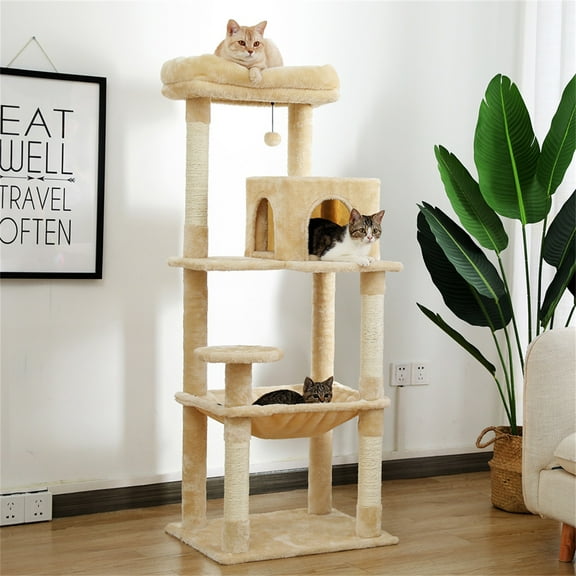 Pefilos Cat Tree Tower for Indoor Multi-Level Cat House Hammock and Condo, Beige