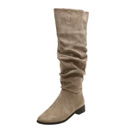 

Women‘s Knee High Boots Ruched Pointed Toe Suede Riding Boots