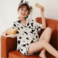 thumbnail image 4 of 1 Set of 2Pcs Summer Women Pajamas Cartoon Cow Pajamas Cotton Cardigan Short Sleeve Shorts Casual Homewear Two-Piece Set (White Black Size XL), 4 of 4