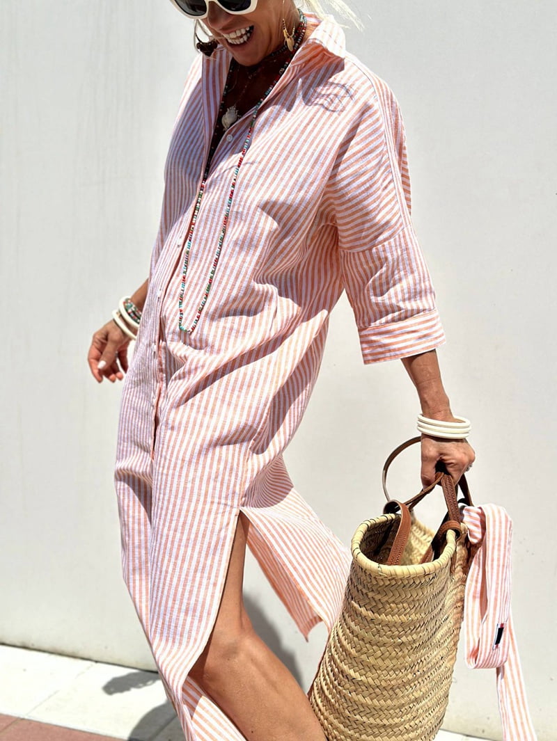 Women'S Shirt Dress Casual Lapel 3/4 Sleeve Button-Down Collar Slit Tie Resort Maxi Dress Pink XL