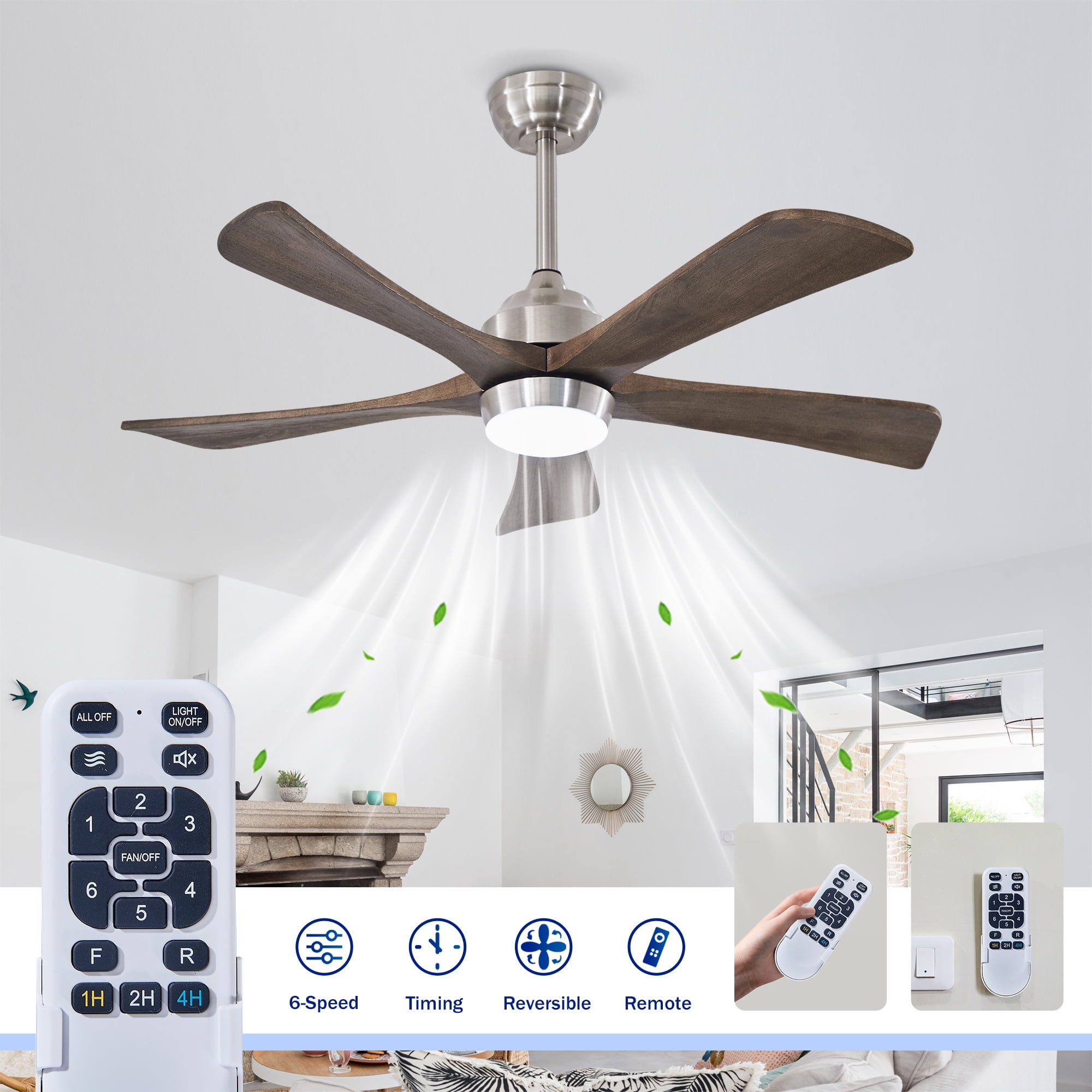 Leumius 42" Solid Wood Blades Ceiling Fan with Light and Remote Control,Quiet DC Motor 5 Blade Ceiling Fans 6 Speed Levels,Reversible for Patio Living Room Bedroom Office Black Nickel