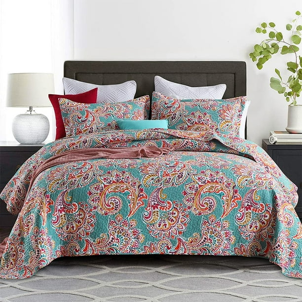 Autumn Dream Cotton Jacquard Bedspread Quilt Bedding Sets 3 Pieces Reversible Coverlet Cyan Paisley Pattern Fl Queen Size Com Autumn Dream Cotton Jacquard Bedspread, Zulily King Size Bedspreads