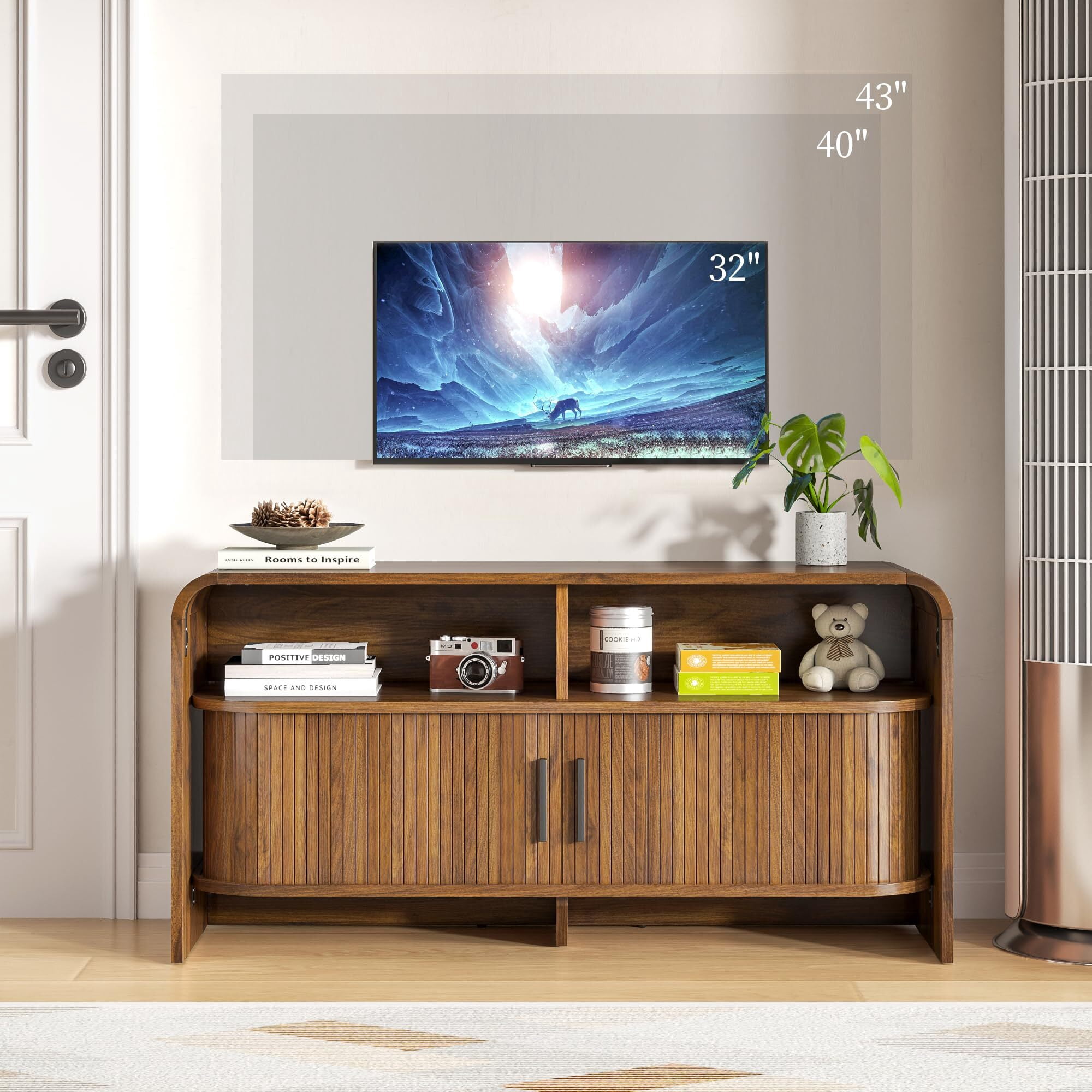 Mid-Century Modern TV Stand for 43 Inch TV, Fluted Wood Media Console with Sliding Doors, Walnut