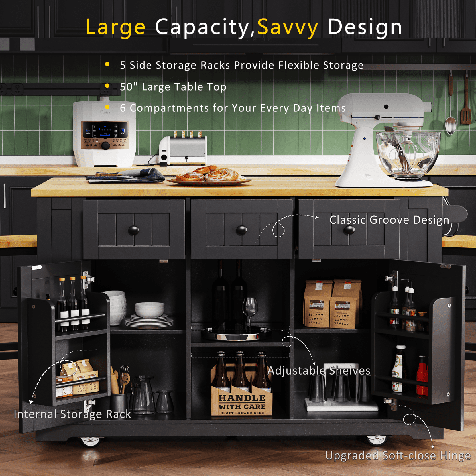 53" Large Kitchen Island with Drop Leaf and Power Outlet, Rolling Kitchen Cart with Adjustable Shelves, Side Racks, Internal Storage Racks, Mobile Kitchen Island for Kitchen, Dining Room, Black