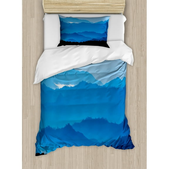 Ambesonne Landscape Duvet Cover Set, Misty Mountain Levels, Twin, Azure Blue Grey