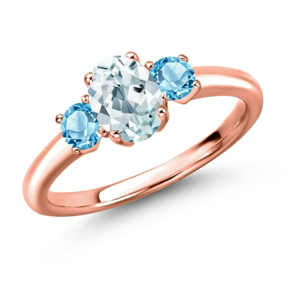 Gem Stone King 18K Rose Gold Plated Silver Sky Blue Aquamarine and Swiss Blue Topaz Engagement Ring for Women | 1.15 Cttw | Oval 7X5MM | Gemstone March Birthstone | Size 5