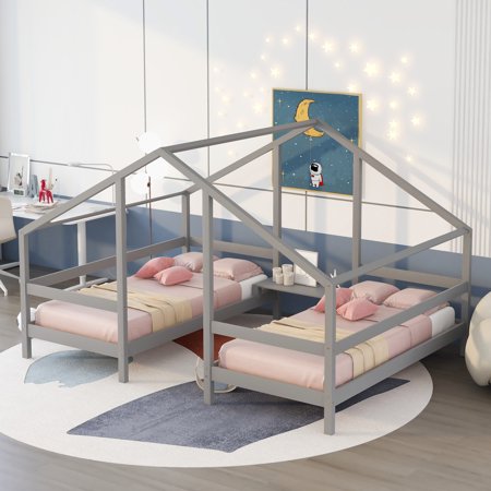 Bellemave Double Twin Size House Bed, Wooden Triangular Platform Bed Built-in Table for 2 Kids, 2 Beds in 1 for Girls or Boys (Gray)
