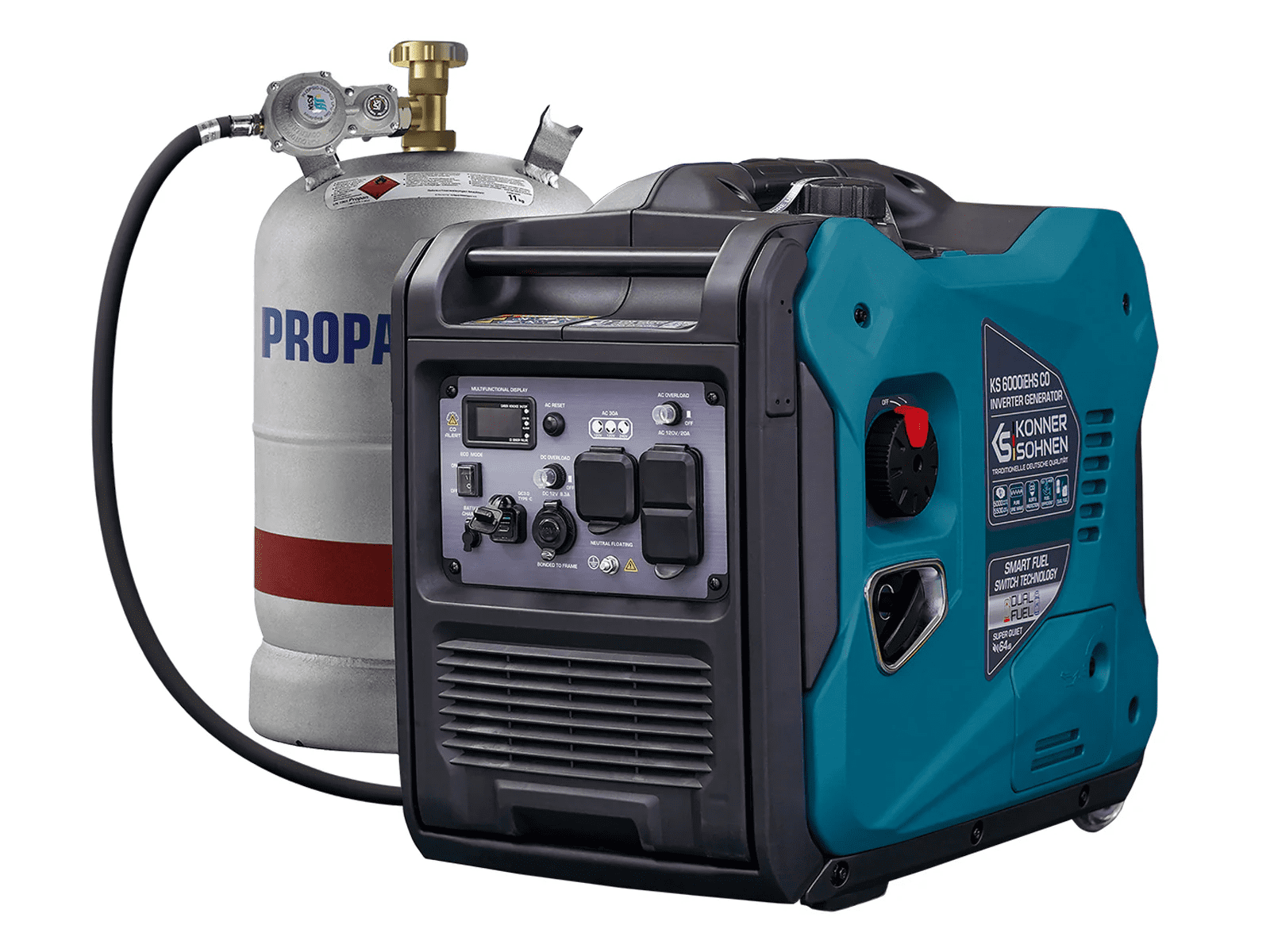 Konner & Sohnen Inverter Generator 5500W, LPG & Gasoline 120/240V CO Sensor, Fuel-Efficient Technology Electric Start LED USB 12V Eco Mode