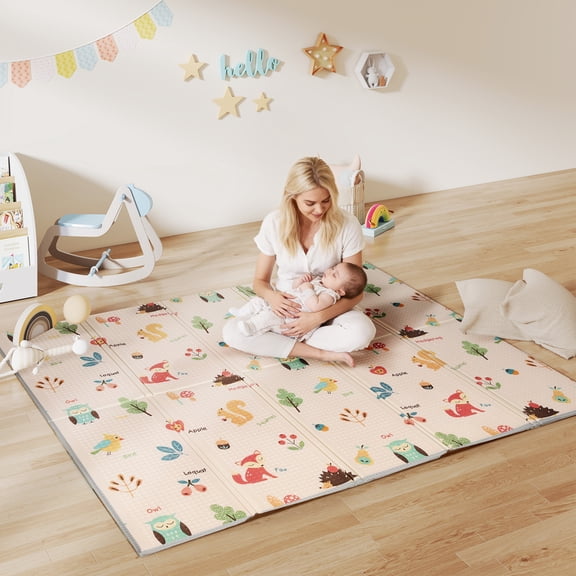 Qaba Baby Play Mat Double-Sided, Foldable Activity Playmat, Waterproof Reversible Playmat for Toddlers, Alphabet and Animal Theme, 71" x 59"