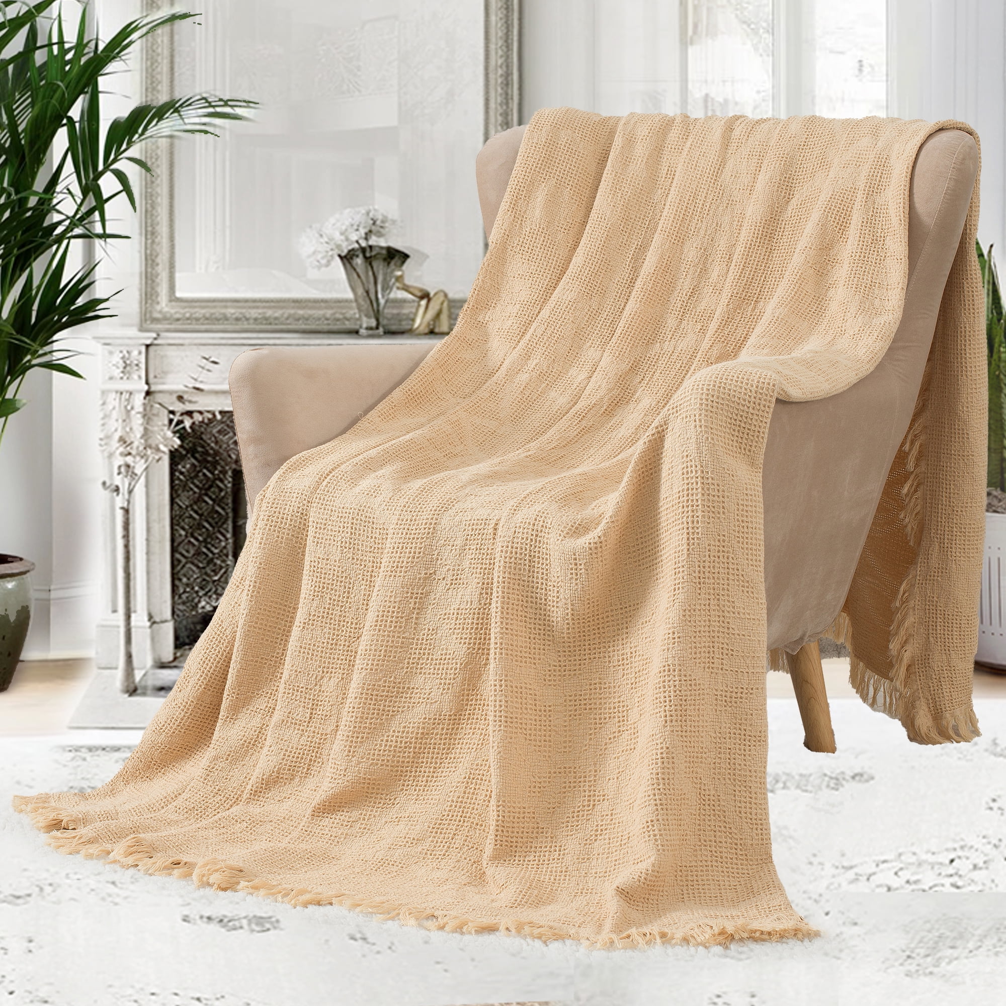 VERAMUSE 100% Cotton Blanket for Bed Beige 90"x90" Queen Size Breathable Thin Blankets for Summer