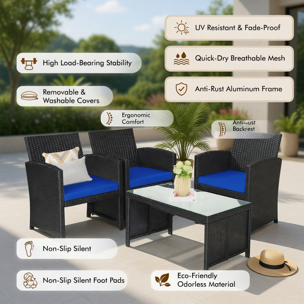 Hommoo 4-Piece PE Rattan Patio Furniture Set with Weatherproof Cushions, Tempered Glass Coffee Table & Heavy-Duty Steel Frame, Navy