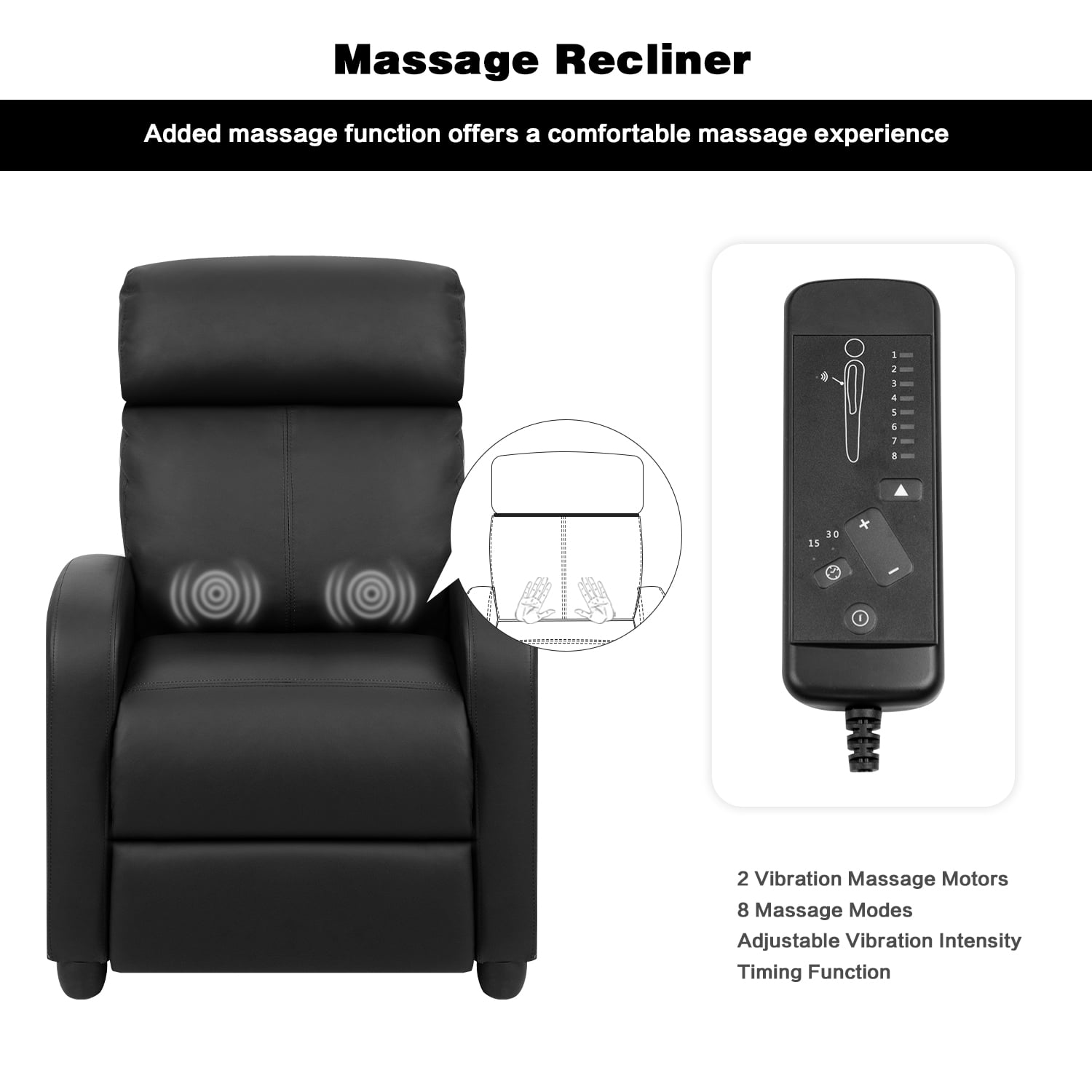 Lacoo Massage Recliner PU Leather Faux Leather Recliner Home Theater Recliner with Padded Seat and Massage Backrest, Black