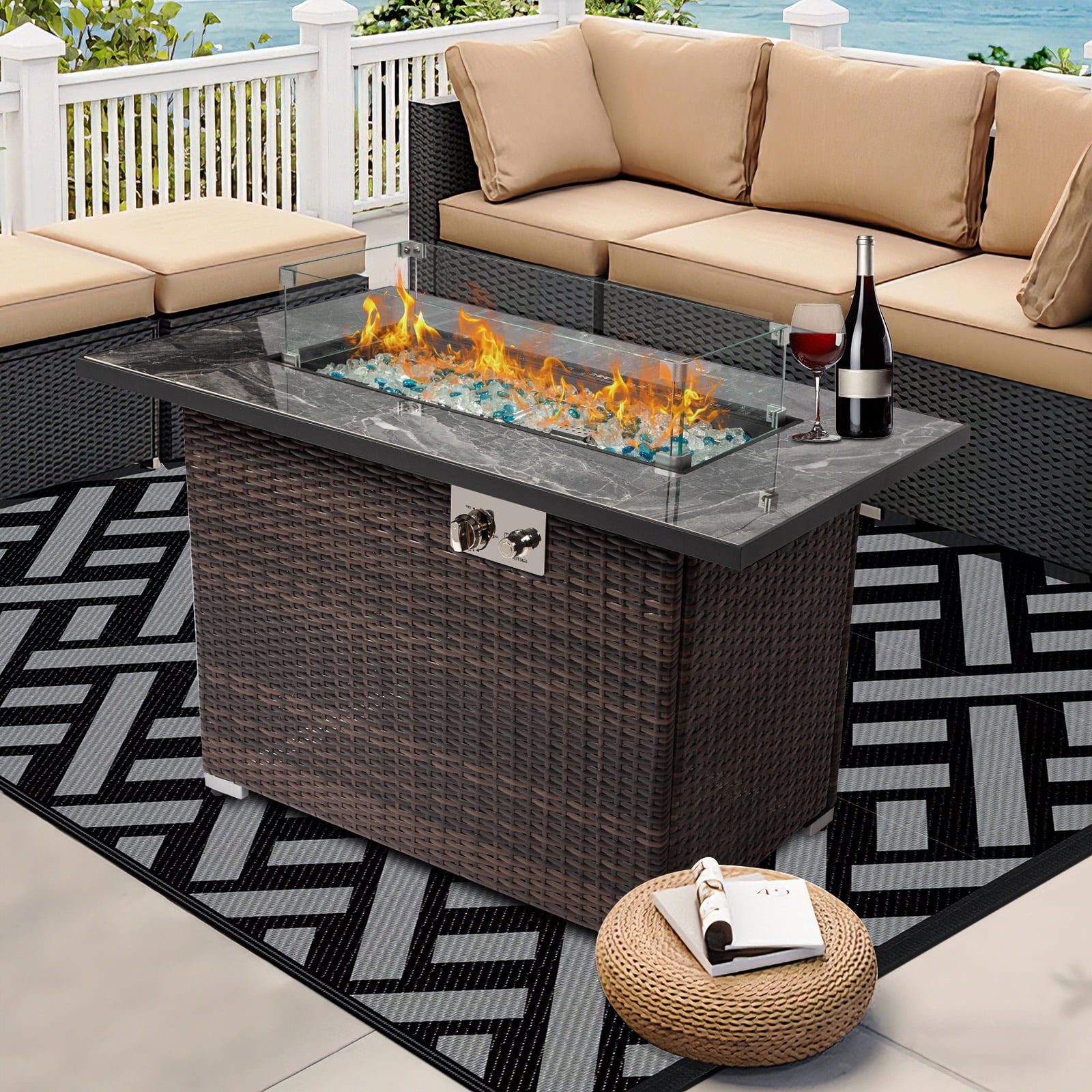 44" Outdoor Propane Fire Pit Table – 50,000 BTU Gas Firepit with PE Rattan Base,Ceramic Tabletop,Tempered Glass Shield – Includes Lid & Weatherproof Cover for Deck,Garden,Backyard