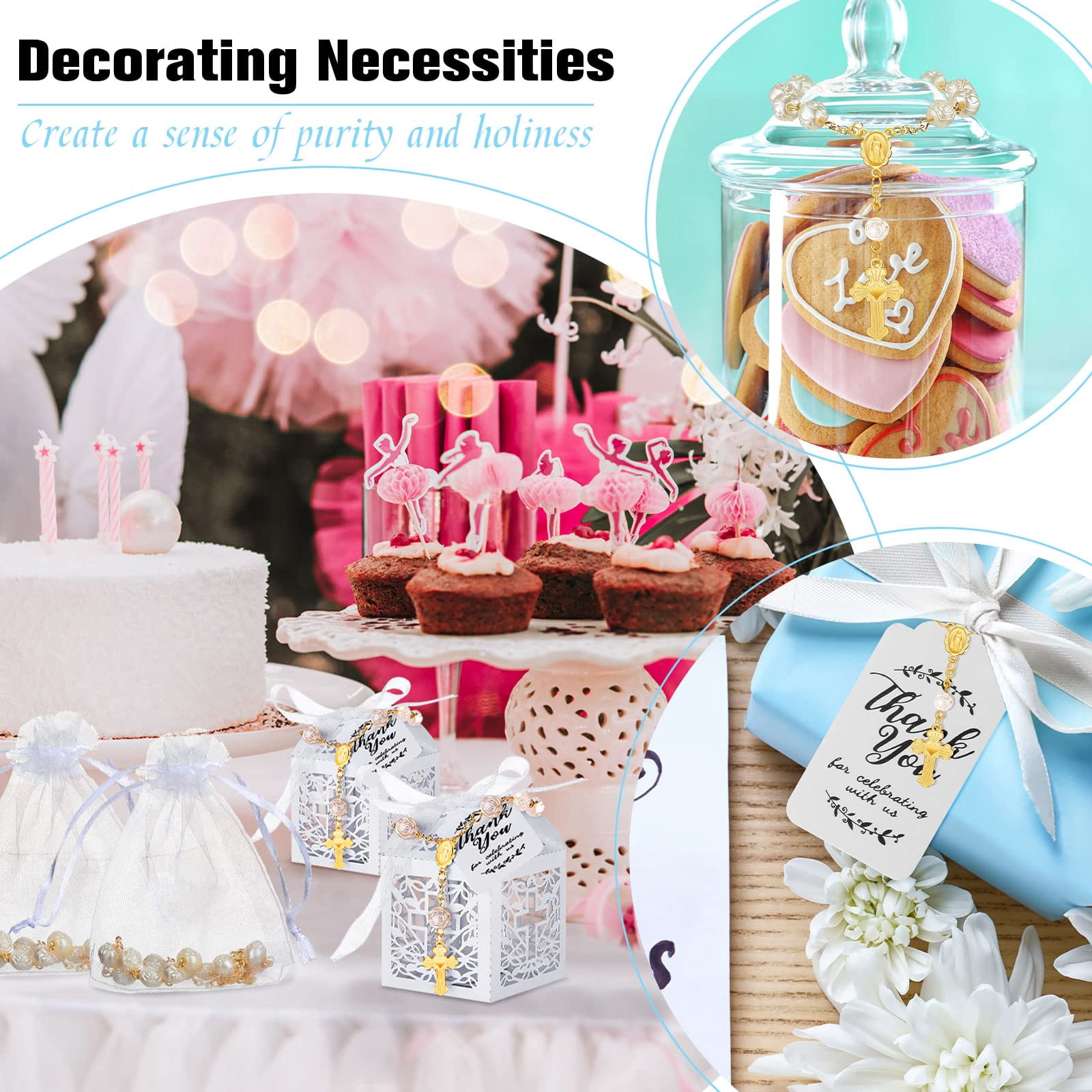 Baptism Favors Set, Acrylic Rosary Beads Faux Pearls with Organza Bags and Cross Baptism Favor Boxes Recuerdo for Christening Weddings Party Favors
