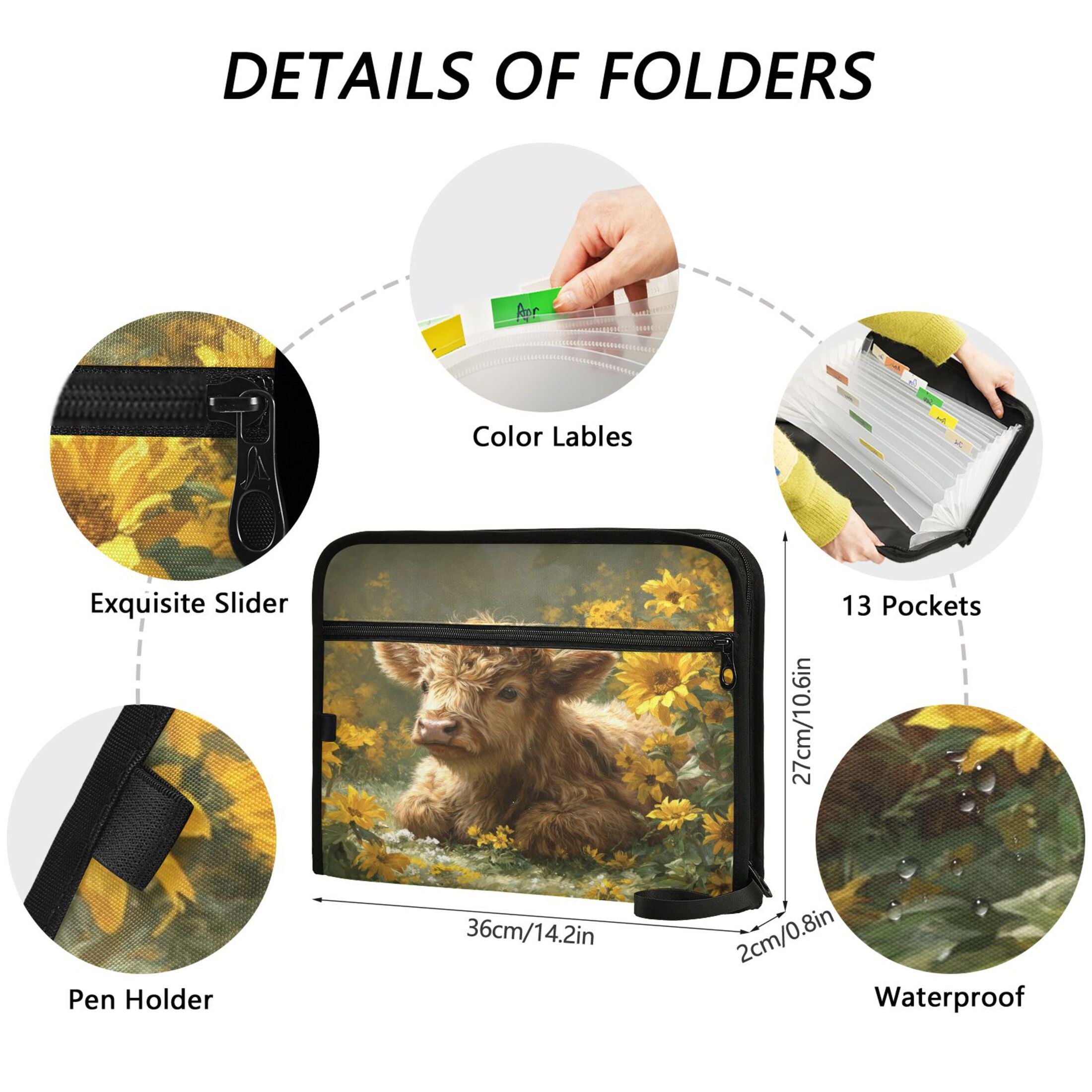 Accordion File Organizer with Zip Closure 13 Pockets Expanding File Folder Letter A4 Paper Document Organizer for Home Office Cow Lying in Sunflowers