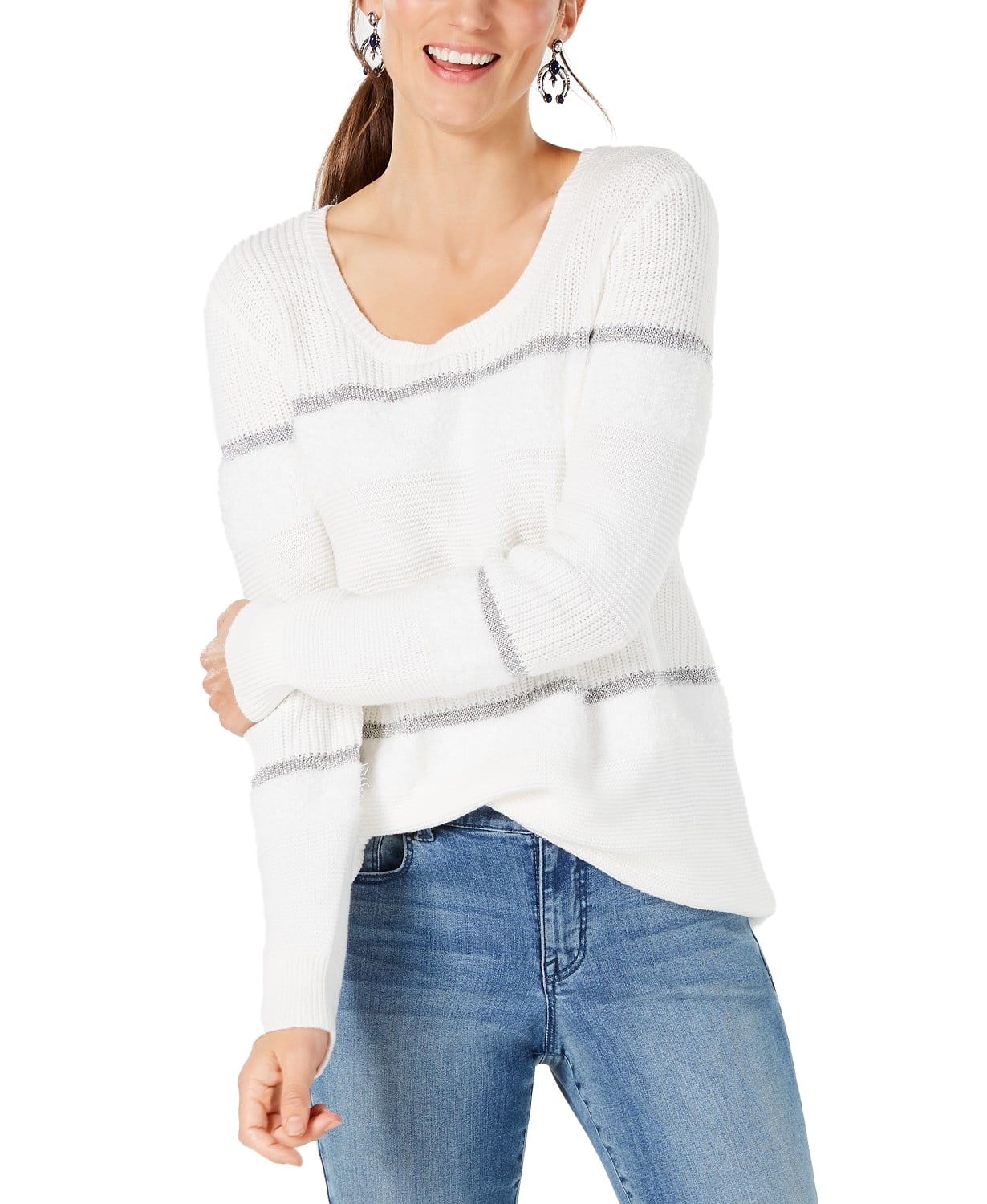 Photo 1 of STYLE & CO Women's Mixed-Knit Metallic-Striped Sweater White Size XL