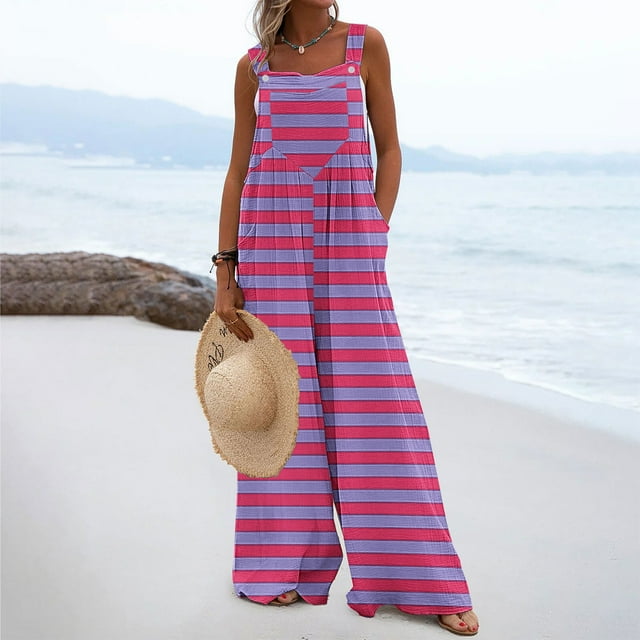 Leodye Women's Fashionable Summer Jumpsuits Button Wide Leg Overalls Casual Loose Rompers with Pockets Hot Pink 10(XL)