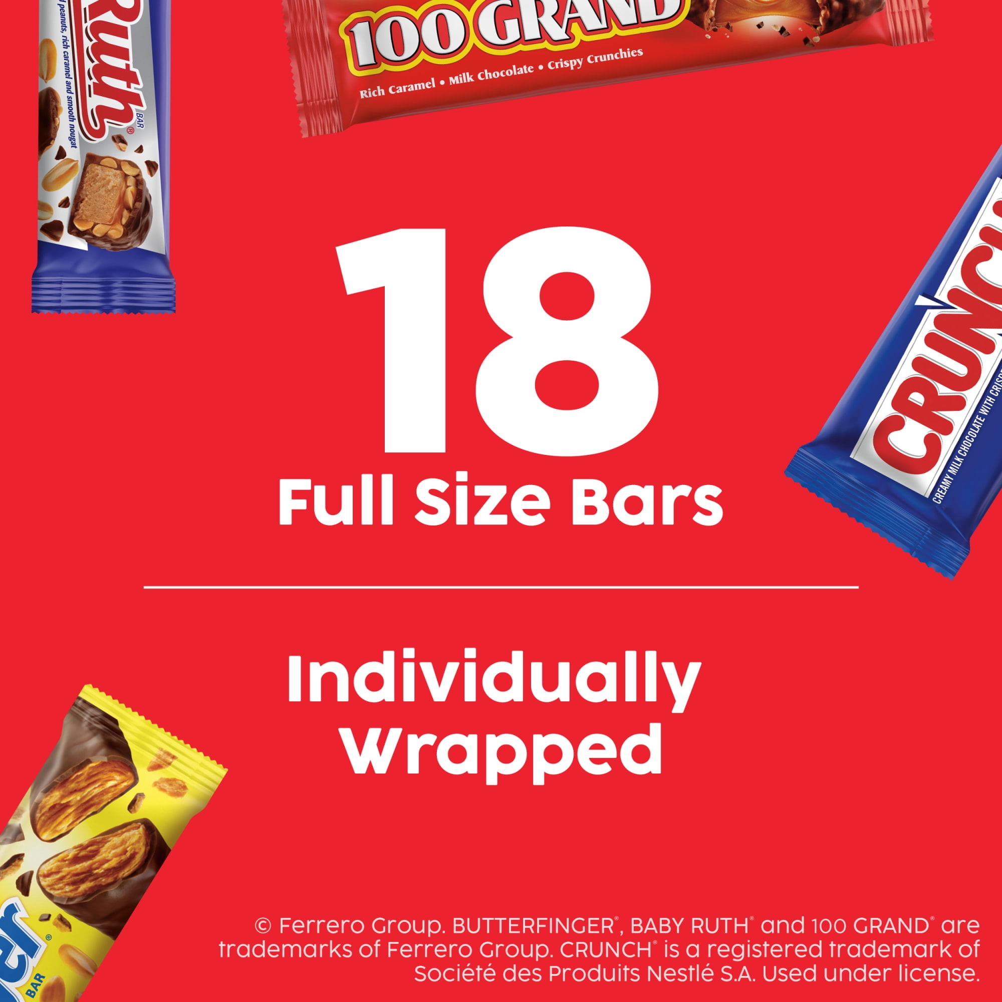 (4 pack) Assorted Butterfinger, Crunch, Baby Ruth, and 100 Grand Full Size Chocolates, 18 count, 31.2 oz