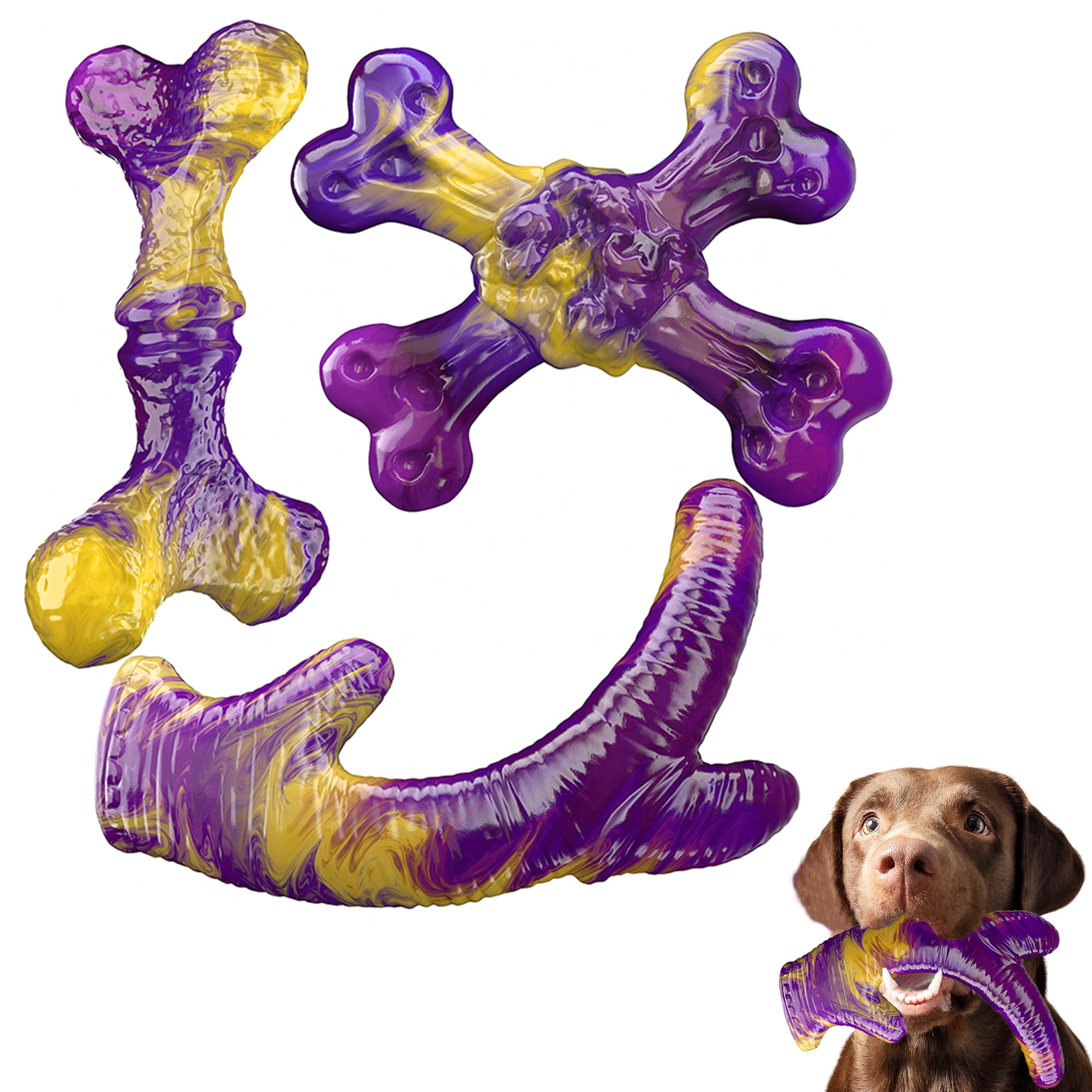 Pet Deluxe Tough Dog Toys for Aggressive Chewers 3 Pack, Indestructible Dog Toy for Large Dogs, Bacon Flavored, Keeps Dogs Busy