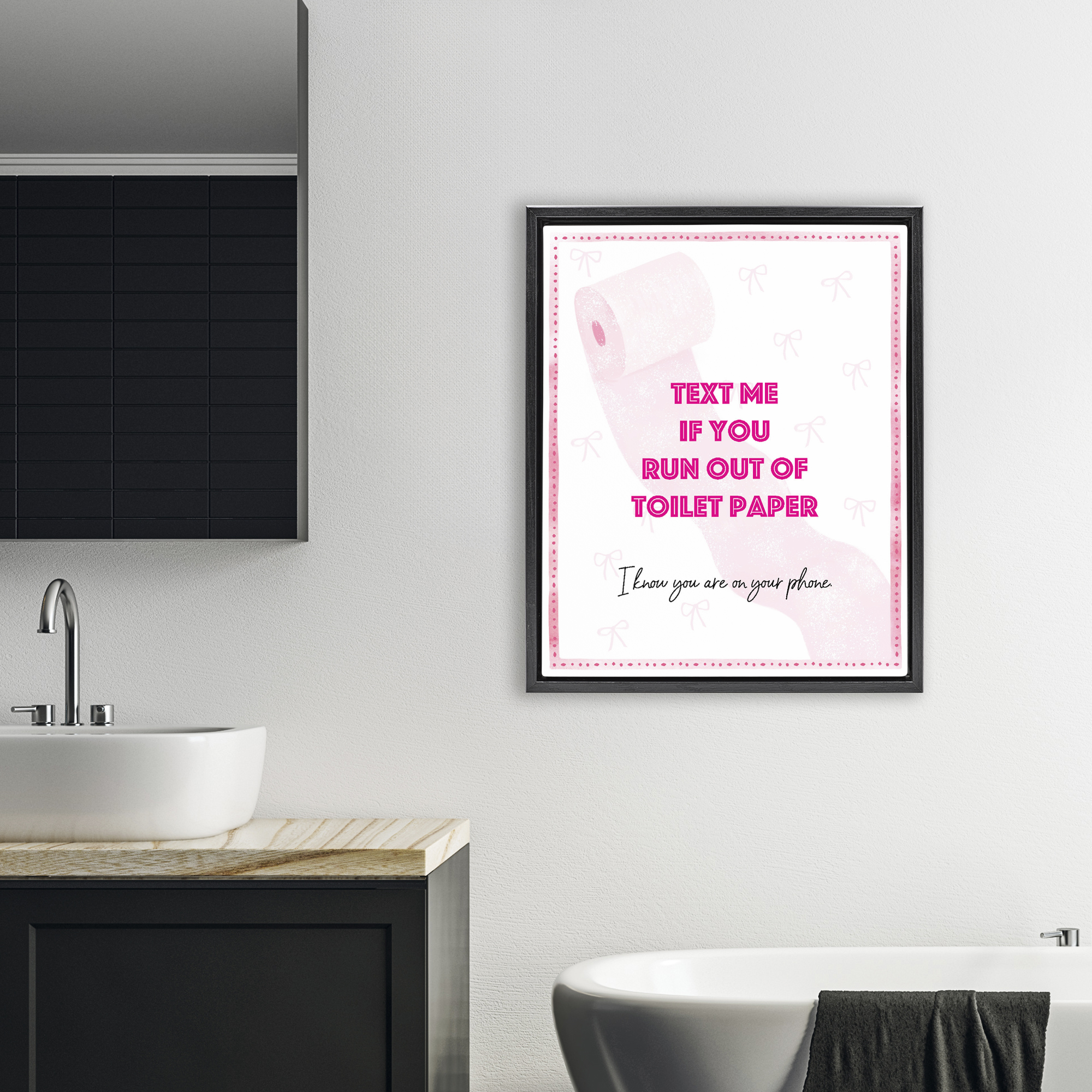 Pink Text for Toilet Paper Black Framed Floater Canvas Wall Art, design by Ziwei Li