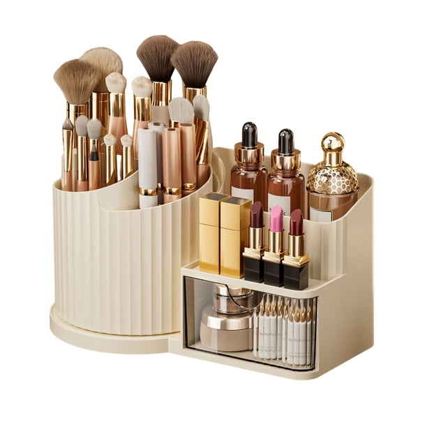 Caja de almacenamiento de cosméticos giratoria de 360 grados, organizador de maquillaje con portabrochas, cajón transparente, diseño vertical grande.