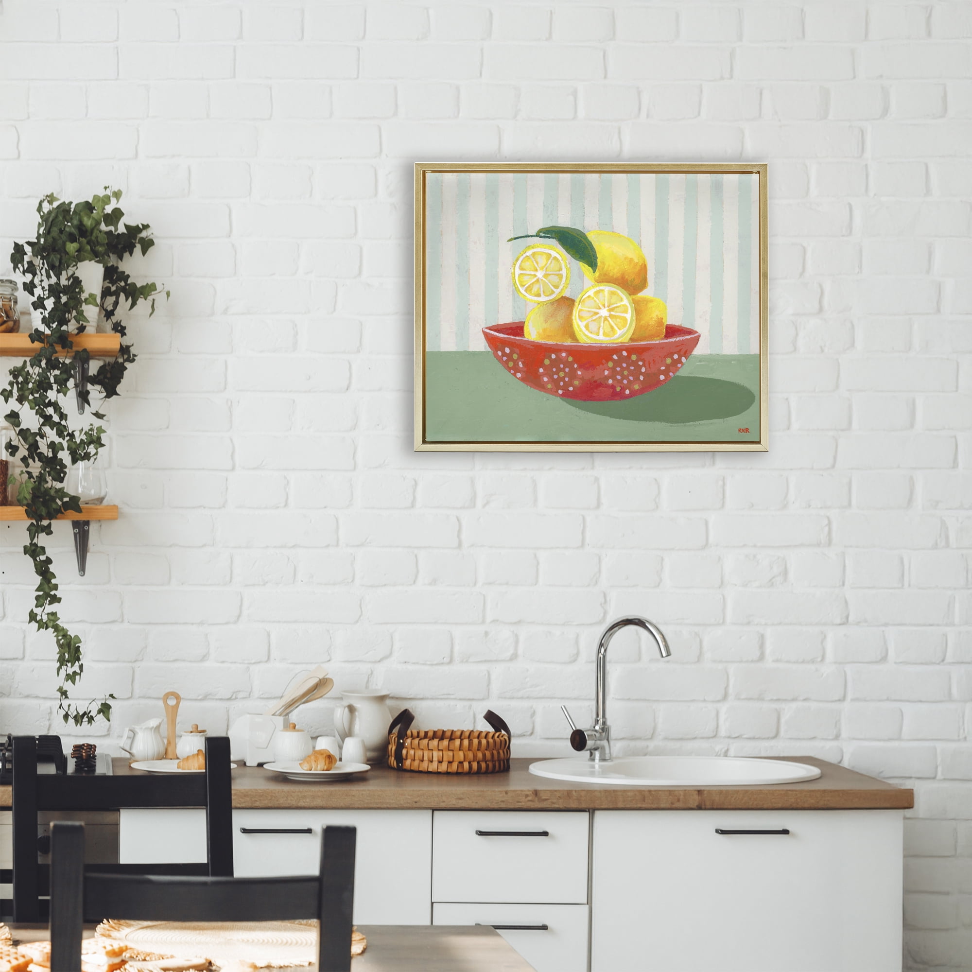 Stupell Industries Sunny Lemons in Red Bowl Gold Framed Floater Canvas Wall Art, design by Rachael Reese