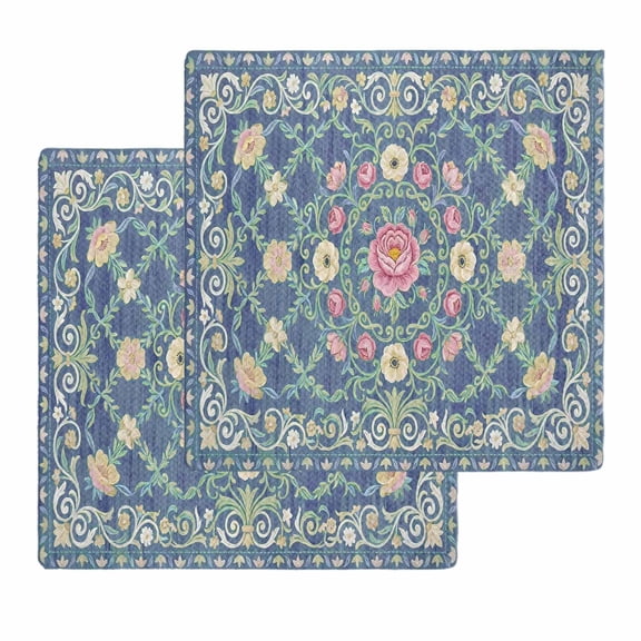 Bohemia Floral Kitchen Dish Towels for Drying Dishes Set of 2, Watercolor Flowers Ethnic Retro Blue Waffle Weave Microfiber Hand Tea Bathroom Towels Quick Dry & Absorbent Towel 12x12