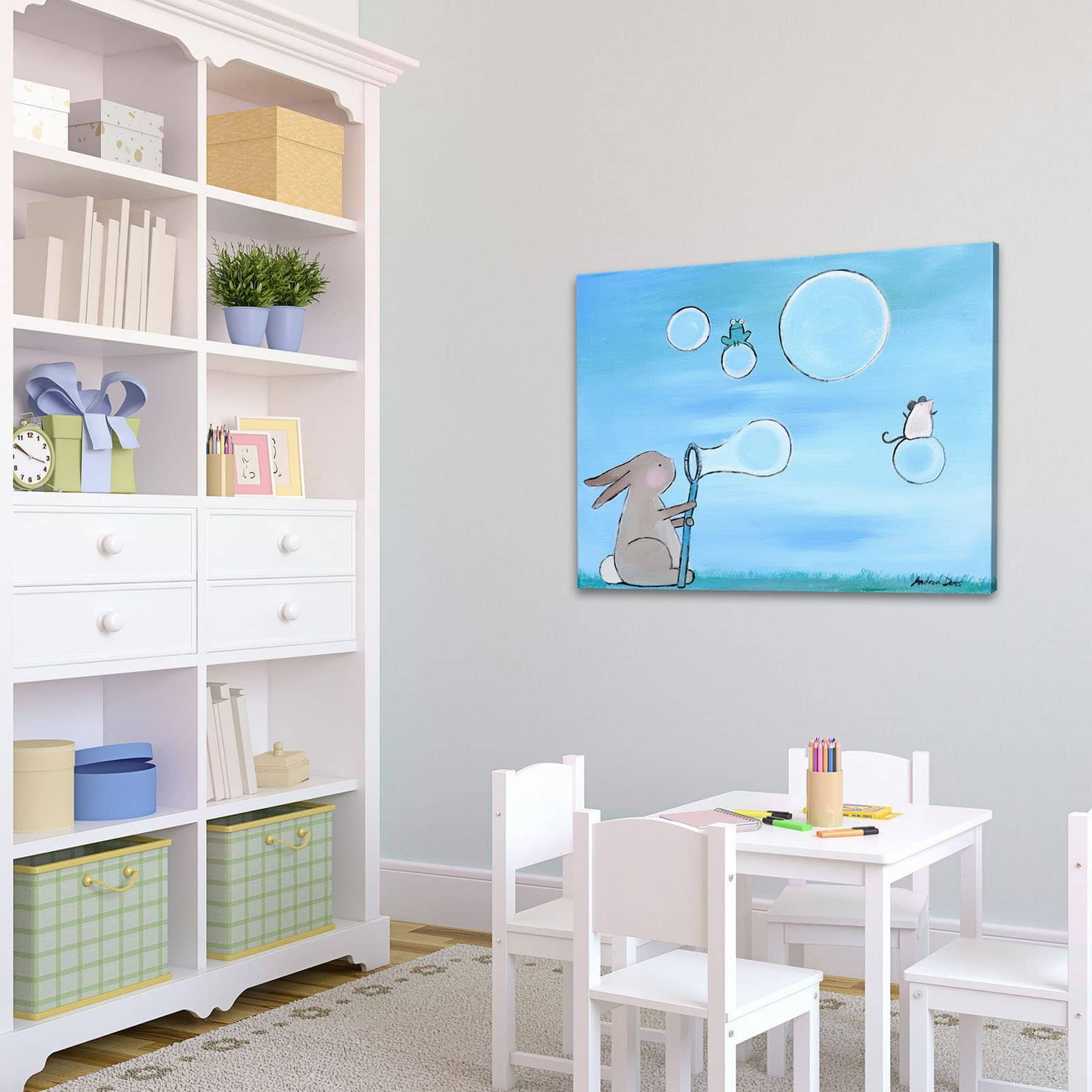 Marmont Hill - "Andrea Bunny Bubbles" by Andrea Doss Painting Print on Wrapped Canvas