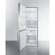 European counter depth bottom freezer refrigerator with stainless steel doors, platinum cabinet, factory installed icemaker, and digital controls for each section