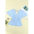 thumbnail image 4 of Women's Sky Blue Lace Splicing V Neck Short Sleeve Blouse, 4 of 11