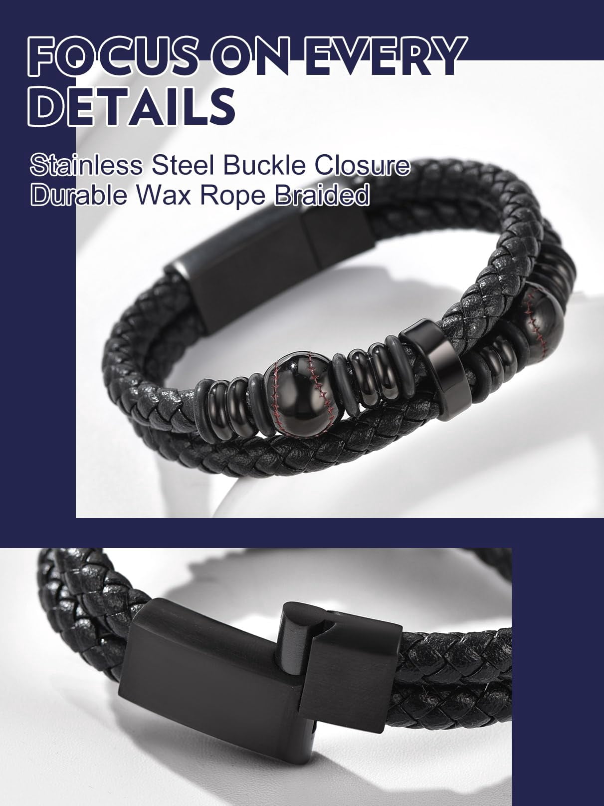 Bandmax Men's Stainless Steel Baseball Beaded Bracelet Double Leather Braided Bracelet Cool Black Wristband with Baseball Bead Charm for Men Boyfriend Husband Father Son