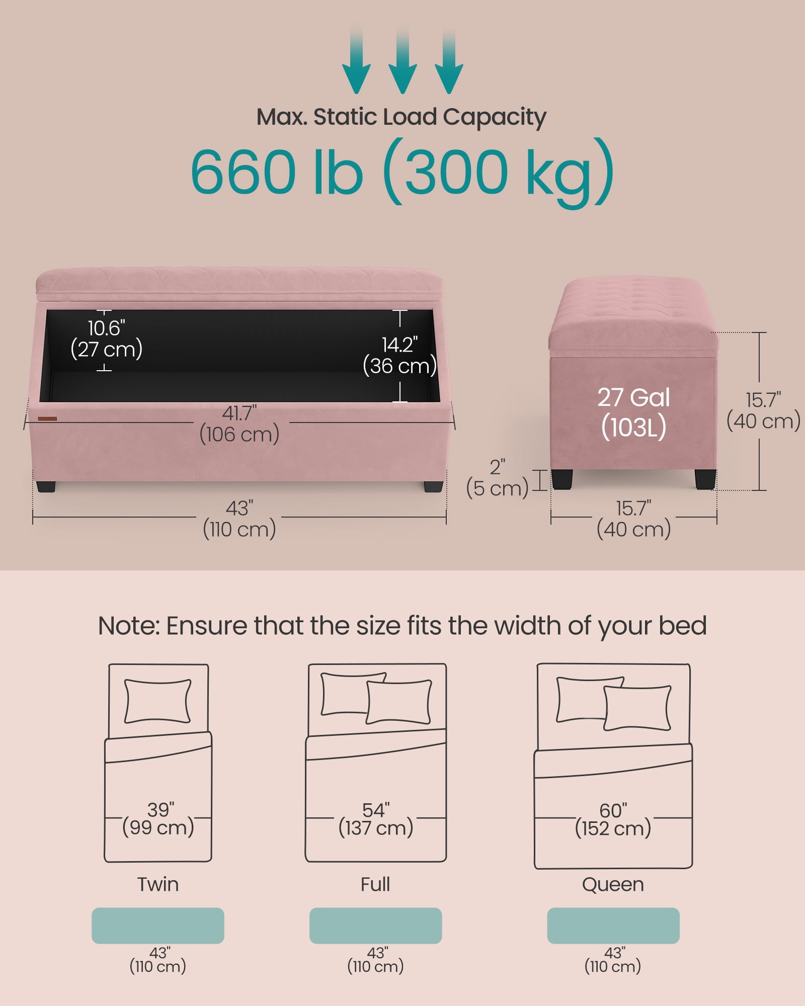 SONGMICS 43" Storage Ottoman Bench End of Bed Bench Pink Ottoman with Storage Load up to 660 lb for Living Room Bedroom
