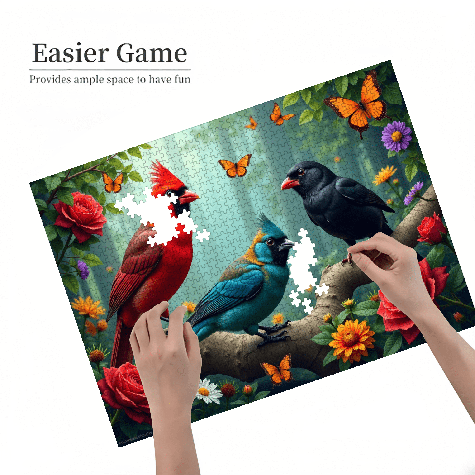 1000-piece horizontal paper jigsaw puzzle - lively birds and butterflies, with dimensions of 29.4*19.6 inches.