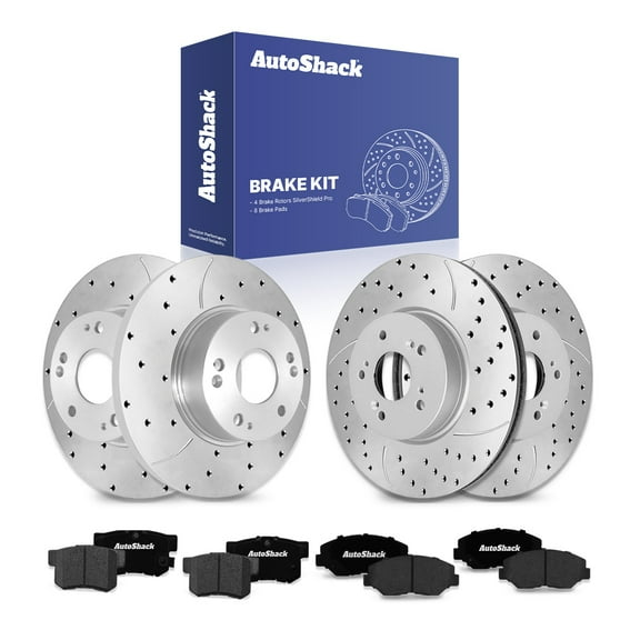 AutoShack Front Vented & Rear Solid Drilled & Slotted Silver Zinc Coated Brake Rotors   Ceramic Pads 12-PC Brake Kit Replacement for 2003-2007 Honda Accord SilverShield Pro