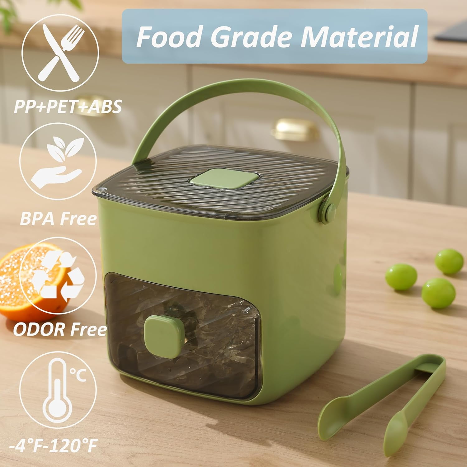 Green 48-Grid Portable Ice Maker Bucket with Ice Tray and Storage Bin, Press Release Ice Cube Mold with Ice Tong