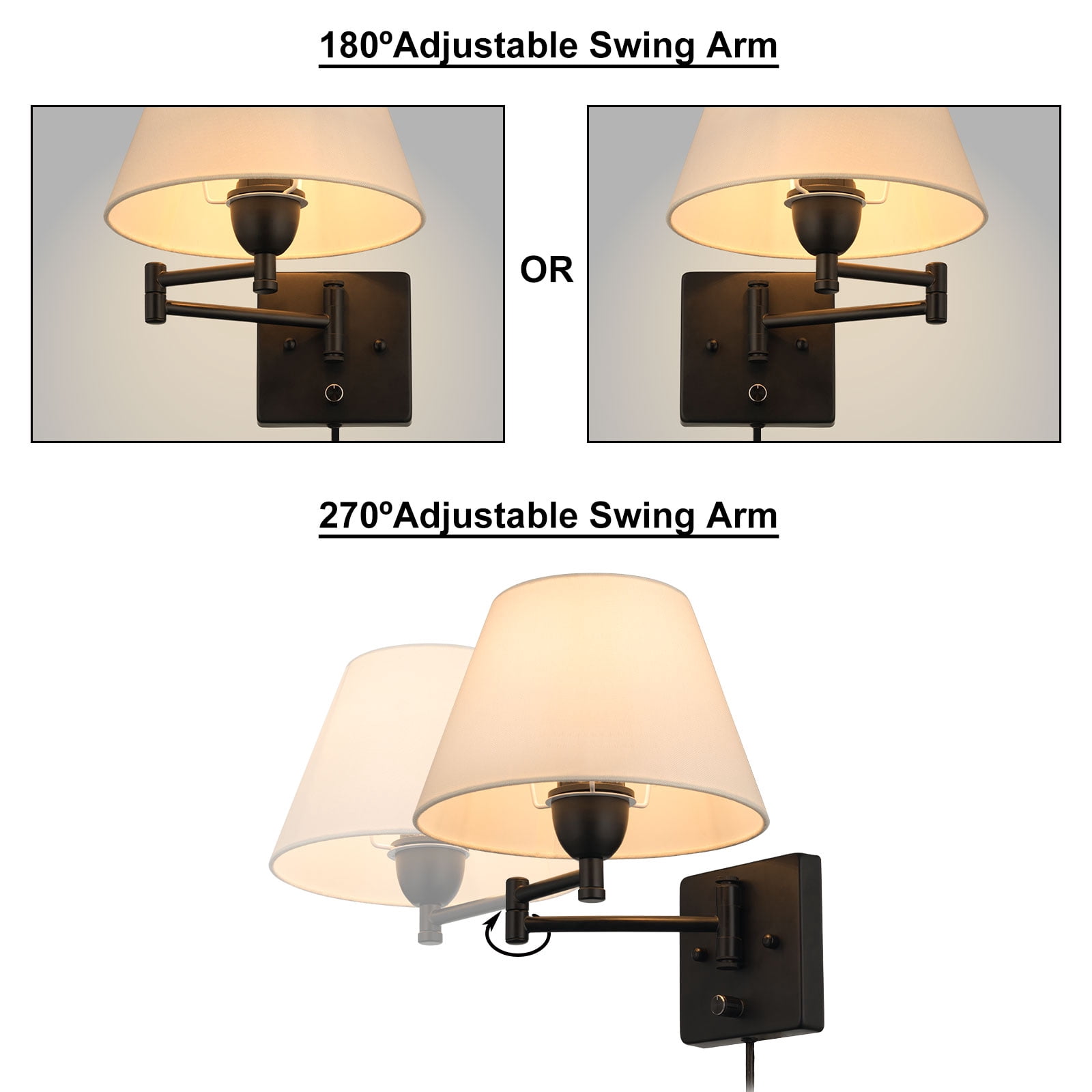 Swing Arm Wall Lamp Plug-in Cord Home Decorators Simplicity Wall Sconce, Ivory Fabric Shade, with On/Off Switch E26 Base 2-Light Bedroom Wall Lights Fixtures, Bedside Reading Lamp