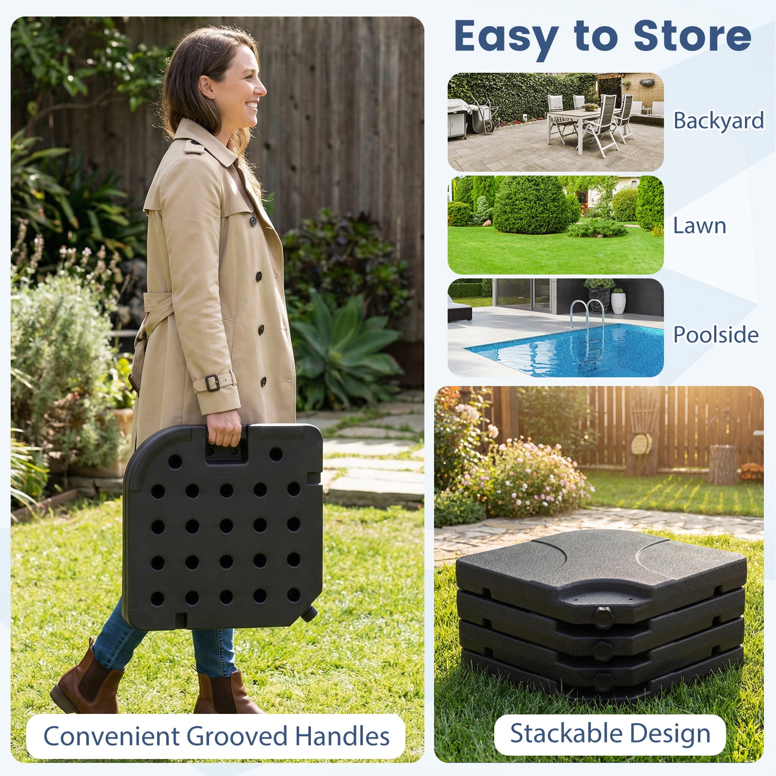 Patiojoy 4-Piece Heavy Duty Cantilever Umbrella Base 164 LBS/72 KG Square Patio Umbrella Stand with Easy-to-Fill Spouts