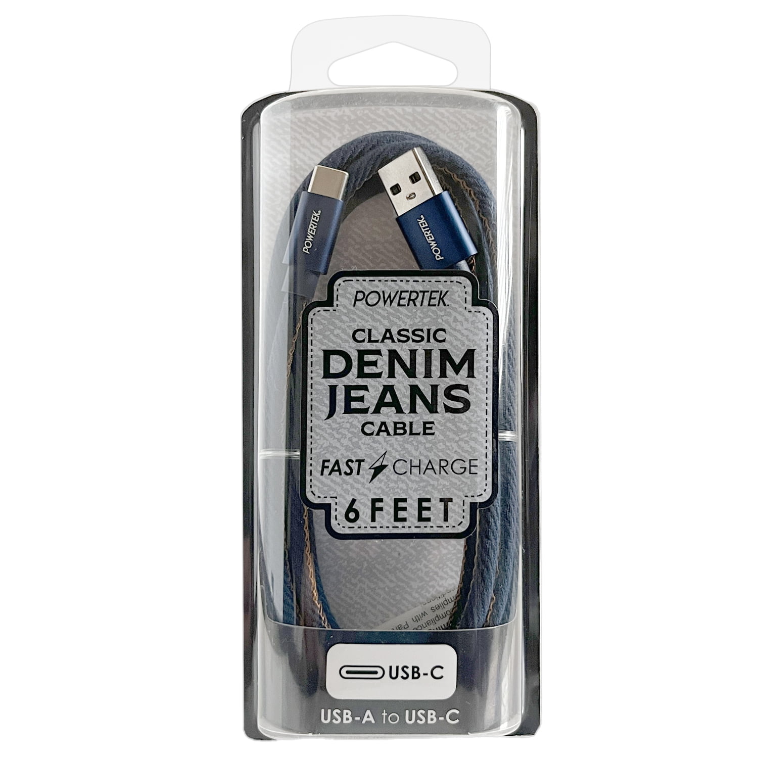 Liquipel Powertek Denim 6' USB-A to USB-C Cable, Dark Blue