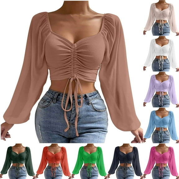 ATOYSOY Women's Slim Cropped Tops Elegant Casual Ribbed Shirts Long Sleeve Tees Drawstring Fall Winter Mesh Raglan Pullover Square Neck Sweatshirts Drawstring Outwear Green L