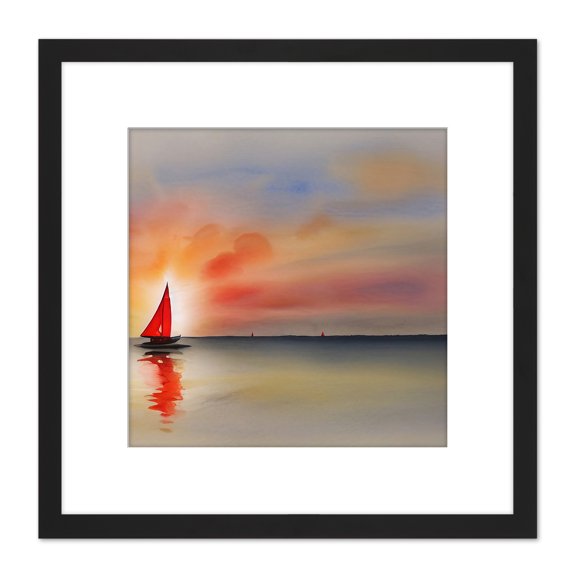 Into The Sunset Watercolour Sailing Red Sail Boat On Calm Sea Square Wooden Framed Wall Art Print Picture 8X8 Inch