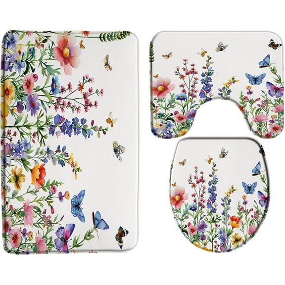 3 Piece Bathroom Rugs Bath Mat Set Vintage Floral Rustic Colorful Flower Wildflower Butterfly Bath Rugs,U-Shaped Toilet Floor Mat and Toilet Seat Cover