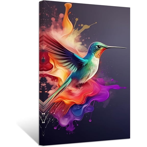 ZHONGYUTONG Hummingbird Canvas Wall Art Colorful Bird Painting Prints Abstract Animal Pictures for Kid's Room Nursery Framed (16.00" x 24.00")