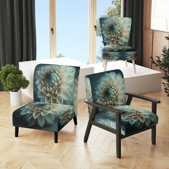 Designart "Elegant Blue and White Dahlia Blossoms V" Blue Dahlia Upholstered Accent Chair - Traditional Arm Chair For Living Room
