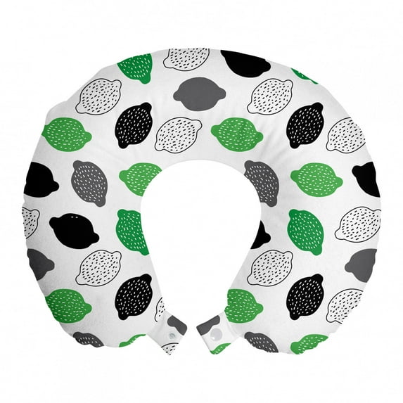 Doodle Travel Pillow Neck Rest, Simplistic Style Lemon Juicy Fruits in Abstract Colors Illustration, Memory Foam Traveling Accessory Airplane and Car, 12", White Green Charcoal Grey, by Ambesonne