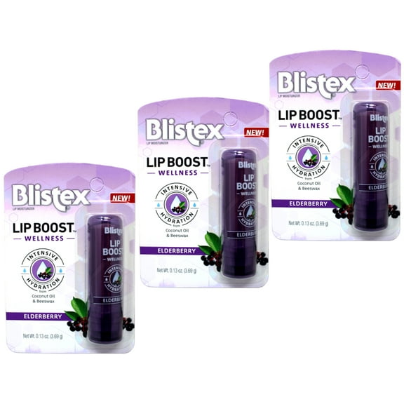 3 Pack - Blistex Lip Boost Wellness, Intensive Hydration from Coconut Oil & Beeswax, Elderberry Moisturizer 0.13 oz