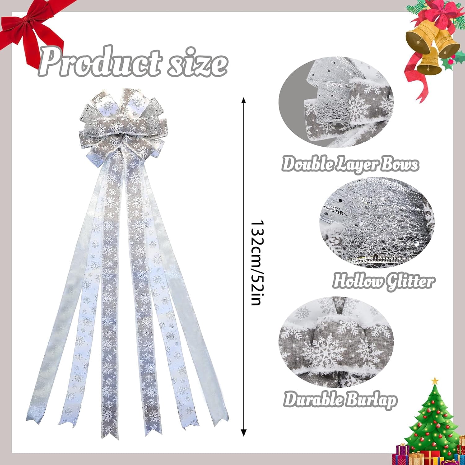 Large Christmas Tree Topper Bow 52x13 Inch, Pre-Tied Wired Ribbon Wreath Bows, Xmas Ornaments with Long Wired Edge Streamer for Holiday Thanksgiving Indoor Outdoor Party Decoration (Silver)