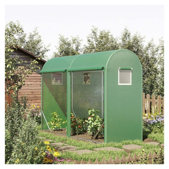 Wqmh 10' x 3' x 7' Walk-in Lean-to Greenhouse, Steel, 4 Zipper Roll-up Windows & 2 Doors, UV Protecting PE Cover for Growing Flowers, Vegetables, Tropical Plants, Saplings, Succulents, Green
