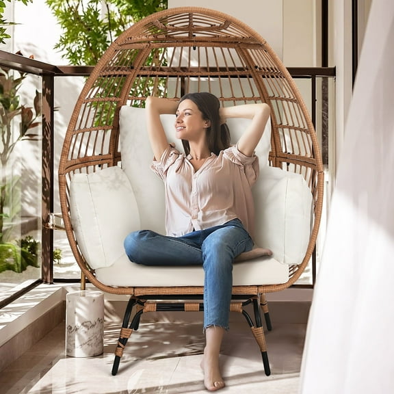 Melocadol Oversized 360-Degree Swivel Egg Chair, Perfect for Indoor and Outdoor, Pairs Well with Any Wicker Patio Furniture, Rattan Design with Plush, Washable Cushions, Natural Rattan, Beige Cushion