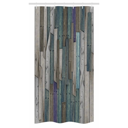 Wood Bathroom Set Wooden Stall Shower Curtain, Blue Grey Grunge Rustic Planks Barn House Wood and Nails Lodge Hardwood Graphic Print, Fabric Bathroom Set with Hooks, 36W X 72L Inches Long, Gray Blue, by Ambesonne ()
